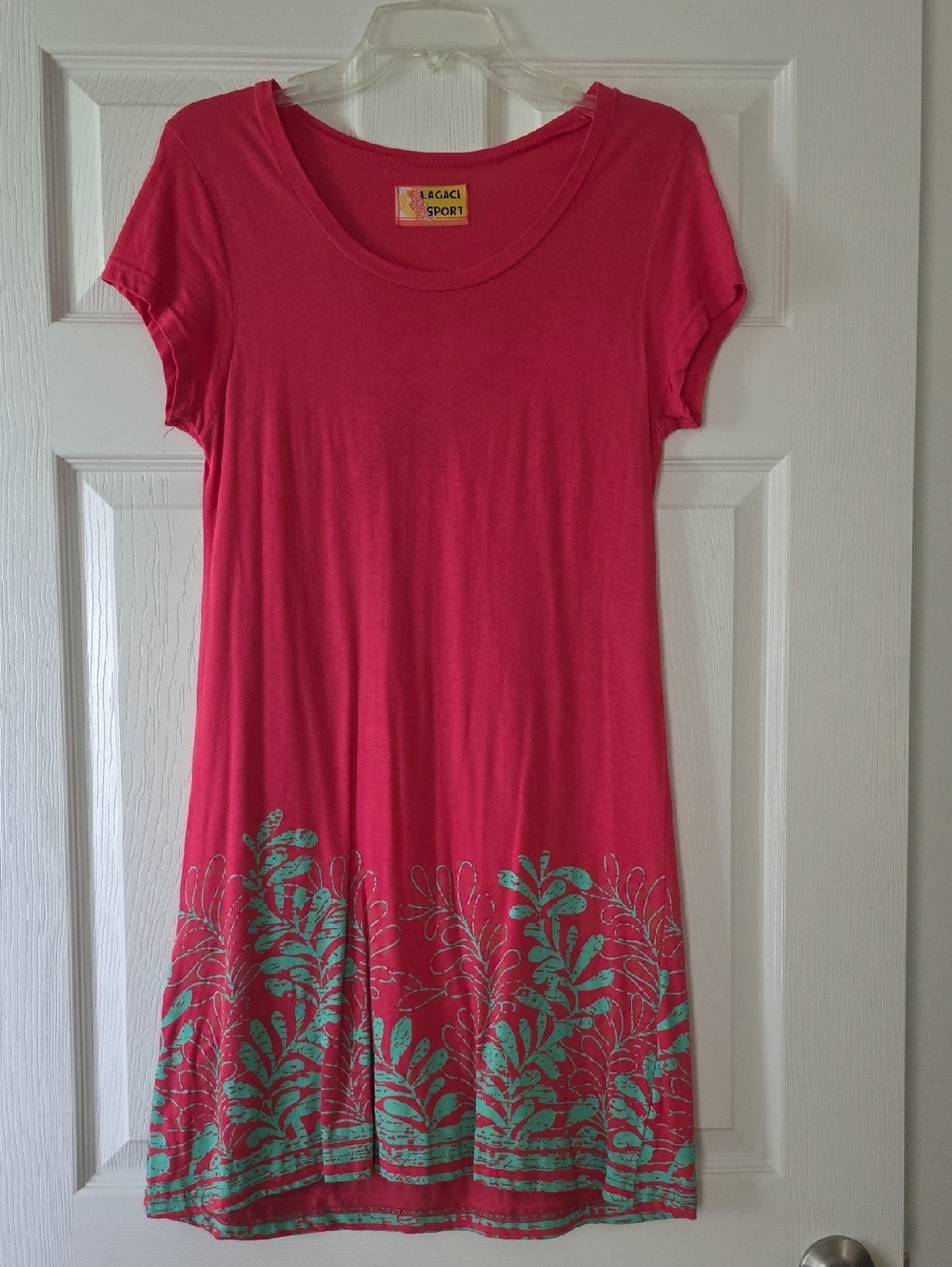 Lagaci Coral Short Sleeve Dress with Teal Botanical Hem